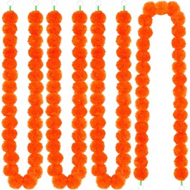 JUNEBRUSHS Marigold Garland, 5 Feet Long Artificial Marigold Flowers Garland Diwali Indian Decorations for Home Pooj Dia de Los Muertos Day of The Dead Wedding Party, Dark Orange