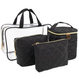 Emma & Chloe Travel Toiletry Bags for Women, 4 Piece Large Waterproof Cosmetic Case Set, Pouch Makeup Organizer Bags for Women, with Handle (Sleek Quilted Black)