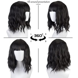 LALASAM Short Black Bob Wigs for Women,14'' Wavy Black Wig with Air Bangs, Synthetic Natural Looking Heat Resistant Fiber Wigs