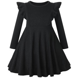 pureborn Toddler Girl Sweater Dress Ribbed Knit Ruffle Long Sleeve Swing Fall Winter Dresses Solid Black 5-6 Years