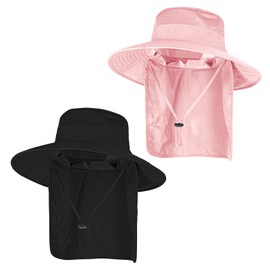 2Pack Sun Hats for Men Women Fishing Hat UPF 50+ Breathable Wide Brim Bucket Hats Summer UV Protection Safari Hat with Neck Flap Black/Pink