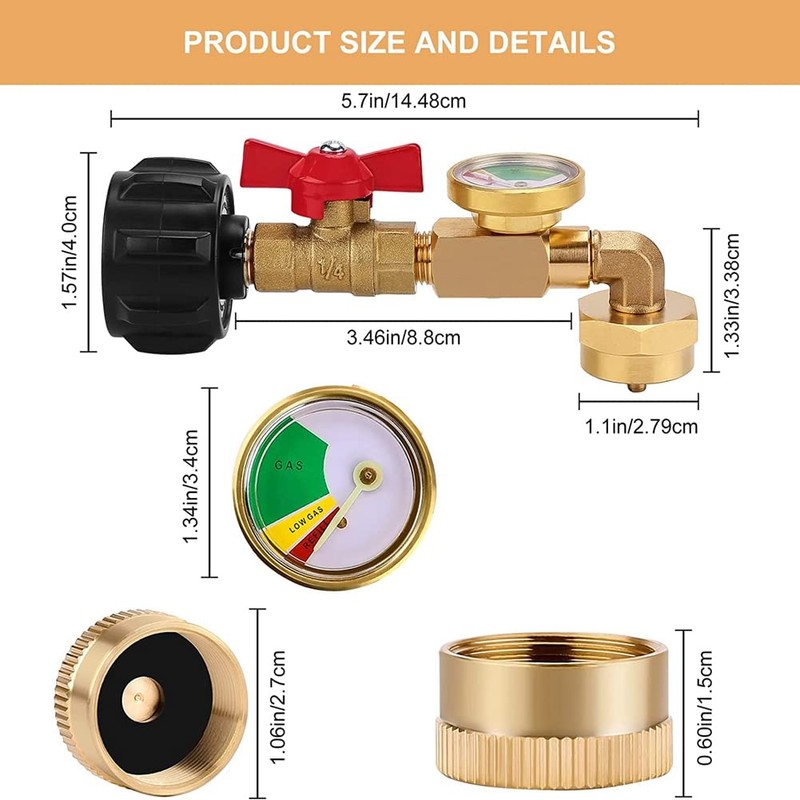 Hopbucan Brass Propane Tank Adapter with Propane Tank Gauge, 90