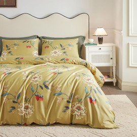 YuHeGuoJi Gold Duvet Cover Queen 100% Egyptian Cotton Peony Floral Duvet Cover 3 Pcs Set 1 Aesthetic Red Flower Duvet Cover with Zipper Ties 2 Pillowcases Garden Farmhouse Botanical Bedding