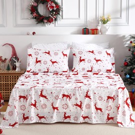 CAROMIO Christmas Sheets Queen, Soft Brushed Microfiber Bed Sheet Set, 16 Inches Deep Pocket Fitted Sheet Winter Holiday Sheets Set (Red Reindeer, Queen)