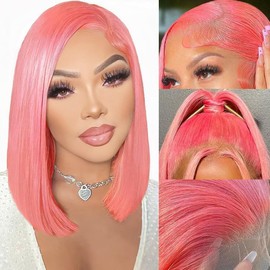 16 Inch Pink Bob Wigs Human Hair Straight 13X4 HD Transparent Pink Bob Lace Front Wigs Human Hair Wear and Go Glueless Wig Pre Plucked With Baby Hair Hd Lace Frontal Short Bob Wigs For Black Women