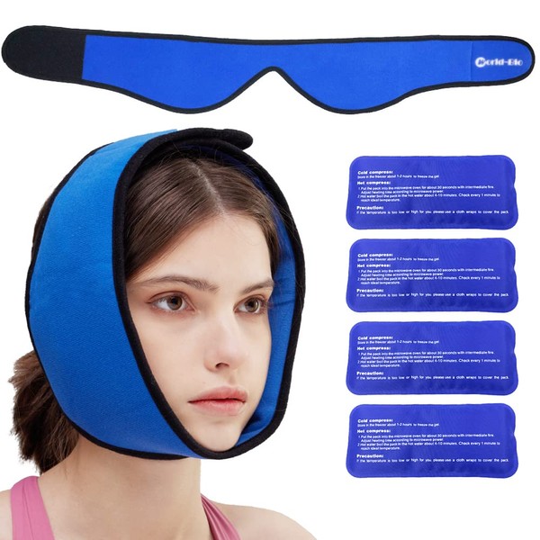 Face Ice Pack Wrap for Jaw, Head and Chin Pain - 4 Reusable Hot Cold Gel Packs for Injuries, Wisdom Teeth, Migraine and TMJ Relief - Adjustable Soft Wrap Includes