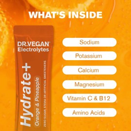 DR.VEGAN Hydrate+ | Hydration Sachets, Zero Sugar Electrolyte Powder | Informed Sport Rehydration Sachet with No Artificial Preservatives | Full Spectrum Electrolytes (15 Sachets, Orange & Pineapple)