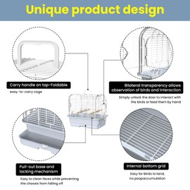 Travel Bird Carrier Cage,Transparent Parakeet Cage,Small Portable Bird Cage with Feeder Cups & Standing for Canaries Budgies Lovebirds Conures Cockatiels