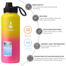 Farsea Insulated Water Bottle With Paracord Handle, Protective Boot and 2 Lids (Straw Lid & Spout Lid), Stainless Steel Water Bottle Wide Mouth, Double Wall Sweat-Proof BPA-Free, 40 oz