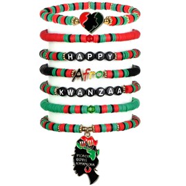 7 Pcs African Bracelets for Women Black History Month Bracelets Kwanzaa Clay Beaded Bracelets African Heritage Holiday Bracelets Wristbands Black History Items for Women Men Party Favors Supplies