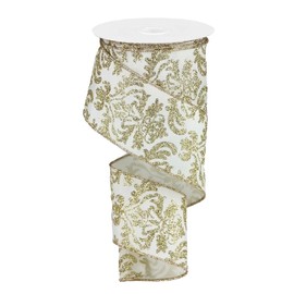 2.5" x10yd Bold Damask Faux Dupioni Wired Glitter Ribbon for Everyday and Holiday Crafts, Floral Arrangements, Wreaths, Garlands, and Christmas Trees (Ivory/Gold)