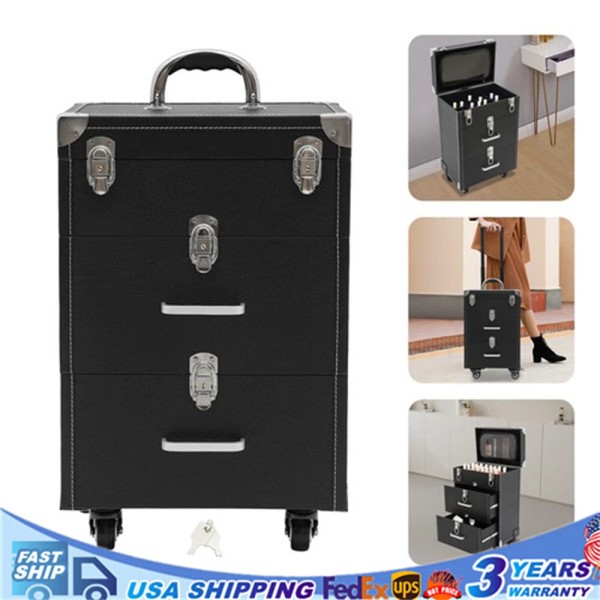 Rolling Makeup Travel Case Nail Tech Suitcase Cosmetic Train Case