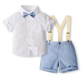 Toddler Boy Outfits Gentleman Short Sleeve Button Shirts+Bowtie+Suspender Shorts Formal Suits(4-5T,Blue)