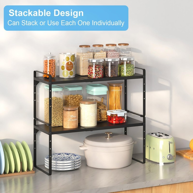 Set of 2 Expandable Cabinet Shelf Organizer, Stackable Kitchen Countertop