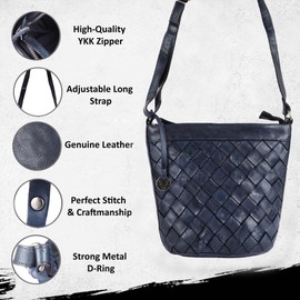 Bolso bandolera de piel para mujer, bolso de mano con correas ajustables y desmontables con bolsa para el polvo, marino, 28 x 24 x 13