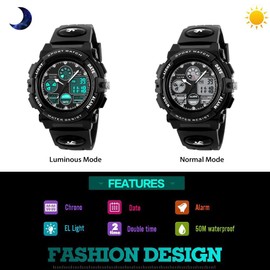 Waterproof Sport Watch for Women Men Boy Digital LED Electronic Outdoor Military Watch Analog Quartz Dual Timezone 50M Water Resistant Alarm Backlight Stopwatch Plastic Wrist Watches -Black