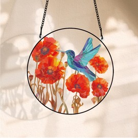 PLIGREAT Red Poppy Stained Suncatcher Window Wall Art Hanging Ornament Painted Colorful Hummingbird Acrylic Panel Crafts for Garden Home Indoor and Outdoor Hanging Decor