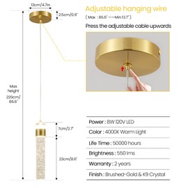 CCYCOL Gold Pendant Light Crystal Pendant Light Fixtures for Kitchen Island Lighting 4000K LED Modern Adjustable Chandelier Hanging Bubble Pendant Lighting (1Pack)