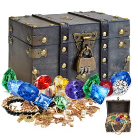 Vintage Wooden Treasure Chest Box with Lock (18x11.5x10.5cm) Treasure Jewelry Chest, Pirate Treasure Chest Box for Home Decor and Jewelry Storage