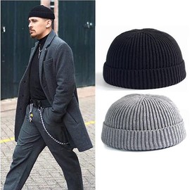 UUYYEO Knit Cuff Hats Short Fisherman Beanie Hats Cap Trawler Beanie Watch Hat Winter Warm Skullcap Hat for Men Women Black