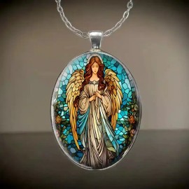 Unbranded Angel Stained Glass Oval Jewelry Vintage Silvery Nature Pendant Necklace