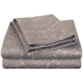 Cotton Blend 600 Thread Count, Deep Pocket, Soft, Wrinkle Resistant 4-Piece Full Bed Sheet Set, Paisley, Dark Grey