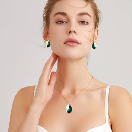 Clearine Austrian Crystal Jewellery Set for Women Decorated with Teardrop Pendant Leaf Necklace Earrings Jewellery Set Emerald Green Gold Tone, Crystal Enamel, No Gemstone