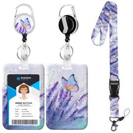 Purple Floral Butterfly Lanyards for ID Badges,Lavender Flower Badge Reel Retractable Badge Holder with Lanyard for Teacher,Women,Men