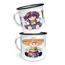 Lero Lero México - Par Pocillos/Tazas Peltre Personalizada - Muñeca Lele - Dúo Tazas Personalizadas con Nombre - Taza Sublimada - Taza con Inicial - 10 oz 300 ml - Perfecta para Regalo.