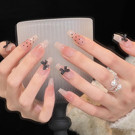 Pure Handmade Nails Press on Nail Reusable Fake Nails Black RhineStones Bling Bling Medium Stick on Nails French Tip False Nails 10pcs (L, Q322 NAILS)