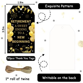 Serencatcher Happy Retirement Party Favor Gift Tags - 50pcs Black and Gold Retirement A Sweet Ending to A New Beginning Thank You Tags with String 1.9x3.5 Inches for Officially Retired Party Favors