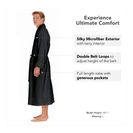 Boca Terry Mens Plush Robe, Big & Tall Bathrobe for Men, Warm Luxury Microfiber Robe - 4X Large, Black