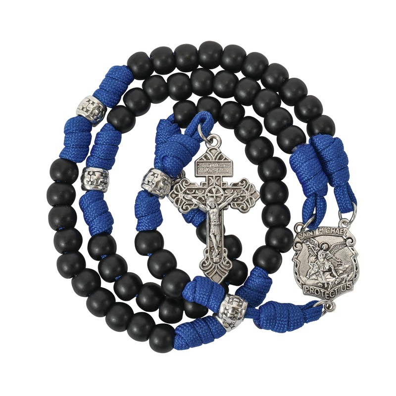 Nazareth Store Black Beads Blue Paracord Rosary Rugged Beaded Necklace