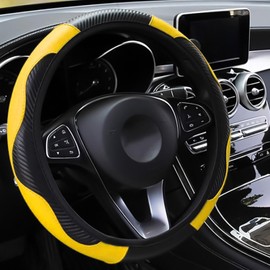 LMYDIDO Car Steering Wheel Cover Leather, Anti-slip Breathable Carbon Fiber Sports Elastic Band Without Inner Ring Steering Wheel Cover Universal Size 37-39cm /14.5-15 (Yellow)