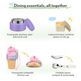 HAWEEK Lunch Box Kids with 5 Compartments, Insulated Food Jar & Utensil & Sauce Container & Lunch Bag & Silicone Collapsible Cup, Leak Proof Bento Box, BPA-Free & Dishwasher Safe-Purple