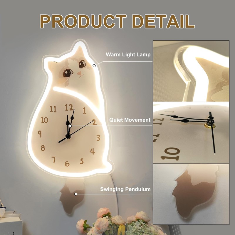 Ragdoll Cat LED Lighted Clock with Swaying Tail - Neon