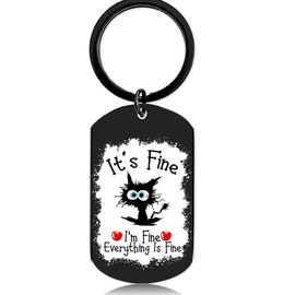 GiftoBi I'm Fine Everything is Fine Novelty Keychain, 1PC Metal Laser Engraved Black White Cat Keyring Charm, Funny Car Keys Chain for Backpack Purse Accessory