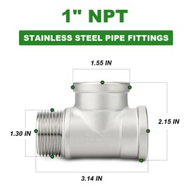 TAISHER 2PCS 304 Stainless Steel Tee Pipe Fittings, 1" NPT Female x 1" NPT Female x 1" NPT Male Pipe Fittings, Male Run Tee