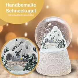 Snow Globe Christmas Music Box | Snowy Mountains with Bridge | Base White with Ornaments | Height: 14 cm Width 10 cm | 20292 (Berg Bridge White Ornament)