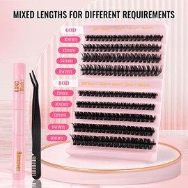 Sixstarhair Eyelashes Individual Kit 60D+80D Cluster Lashes with Tweezers and Lash Bond and Remover Kit Thick Clumpy Lashes Individual Cluster 8-16mm Fluffy Lash Extensions Diy at Home