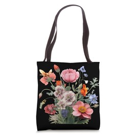 Vintage Floral Botanical Print on Black for a Moody Romantic Tote Bag