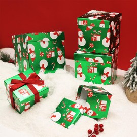 PAPER FAIR 5PCS Christmas Snowman Nesting Gift Boxes Set, Green Foil Mirror Candy Cane Lollipop Square Cardboard Nested Box w/Lid, for Gift Wrapping Holiday Present Birthday, Assorted Size