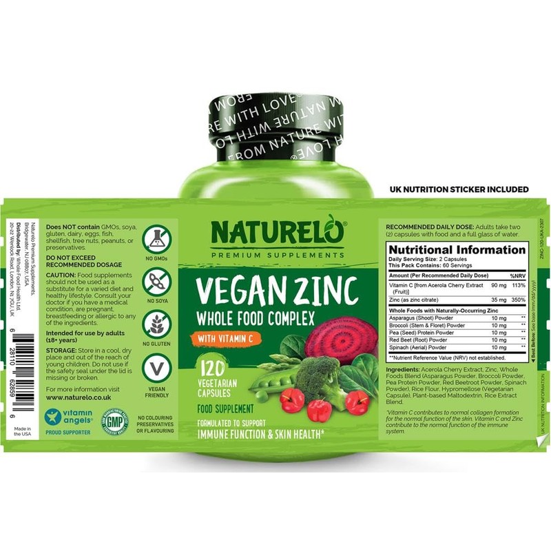 NATURELO Vegan Zinc Immune Support Capsules - Whole Food Complex