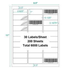 1" X 2-5/8" Address Labels 6000 Labels Sticker Paper for Laser/Ink Jet Printer,30 UP Mailing Labels White Blank Shipping Labels,30 Labels per Sheet (200 Sheets)