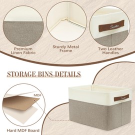 downluxe 3 Pack Collapsible Storage Bins for Shelves, Large Storage Basket with Handles, Fabric Linen Closet Organizers and Storage for Organizing Home, Office, Dormitory, 15"x11"x10", Khaki/White