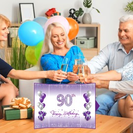 90th Birthday Decorations for Women Purple Silver Happy 90th Birthday Signature Guest Book Alternative for Women Men 90th Birthday Anniversary Party Gifts Supplies Favor Decor Greeting Card Creative