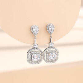 Ferkerylu Sterling Silver Diamond Drop Earrings for Women 6 * 6mm Princess Cut Lab Simulation Diamond 5A Cubic Zirconia Earrings Jewelry Gift for Her Birthday Christmas