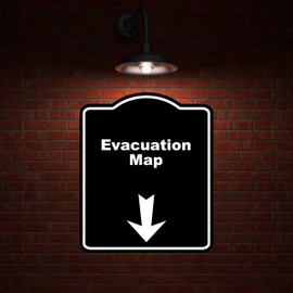 Evacuation Map Black Sign Arrow Down Aluminum Composite Sign 8.5 x 10 inches