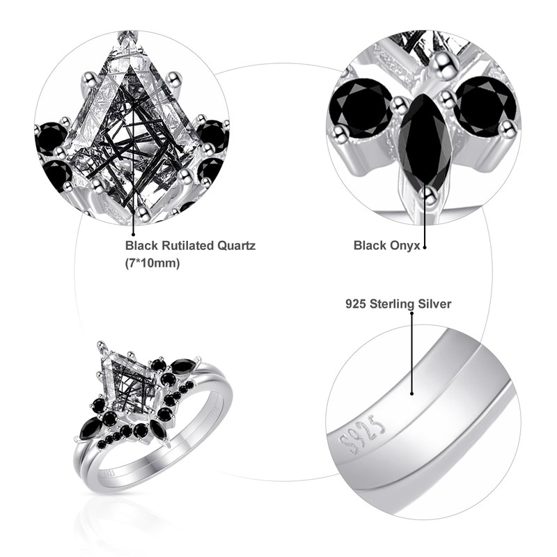 OLIVIASO Kite Cut Black Quartz Rutilated Engagement Ring Set 925