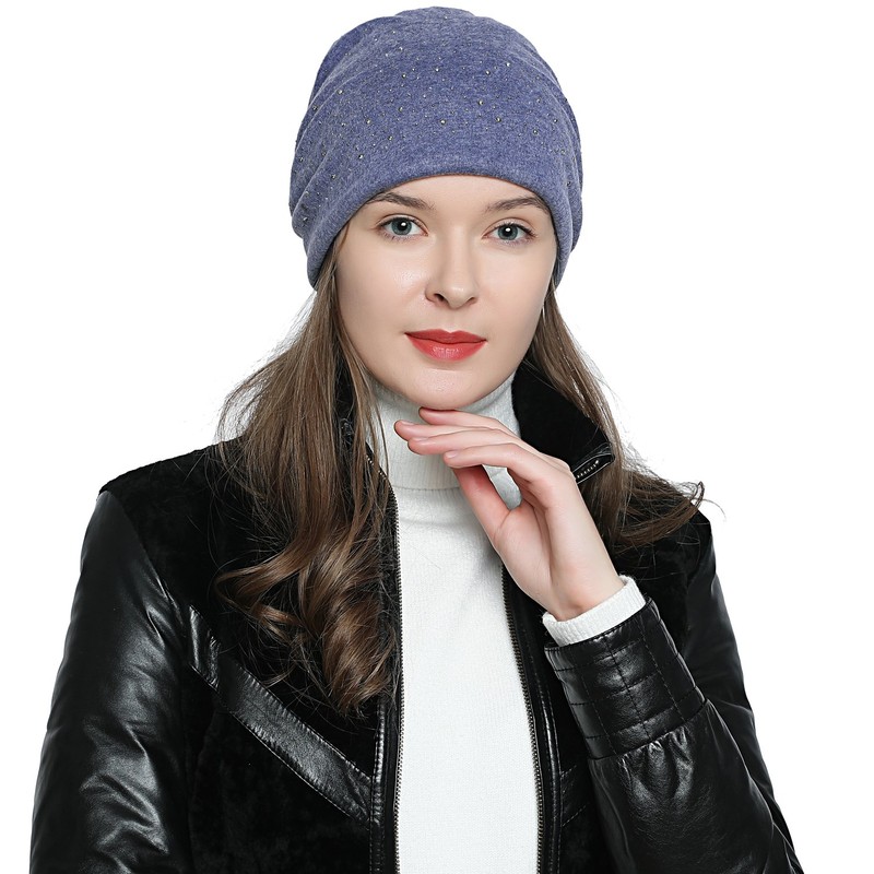 DonDon Women's Slouch Beanie Winter Hat Silver Sequin Rivets, Blue